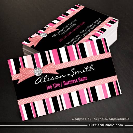 Pink and black stripes with bow business card